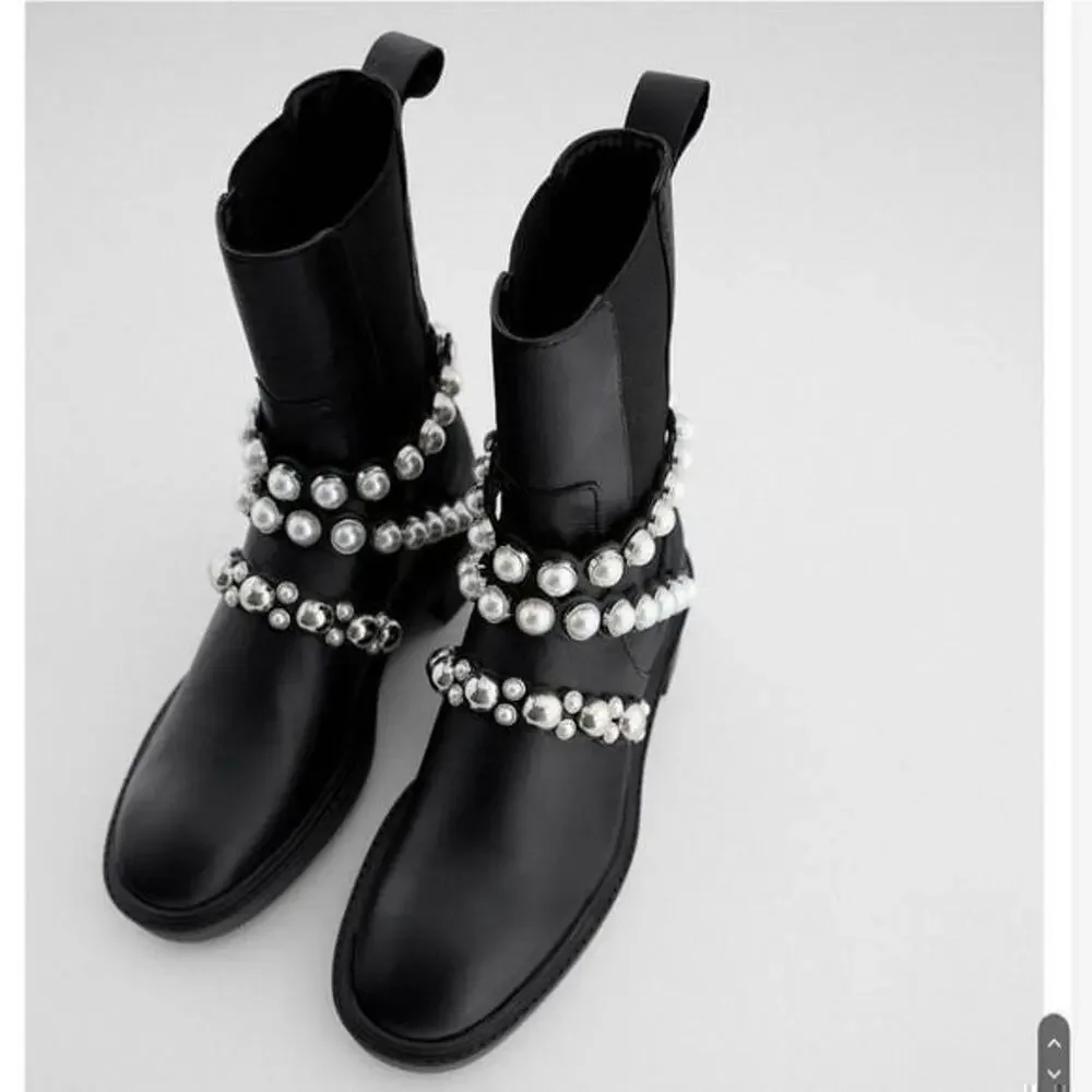 ZARA lug sole FLATFORM LEATHER ANKLE BOOTS WITH FAUX PEARL STRAPS size 39 8 new!